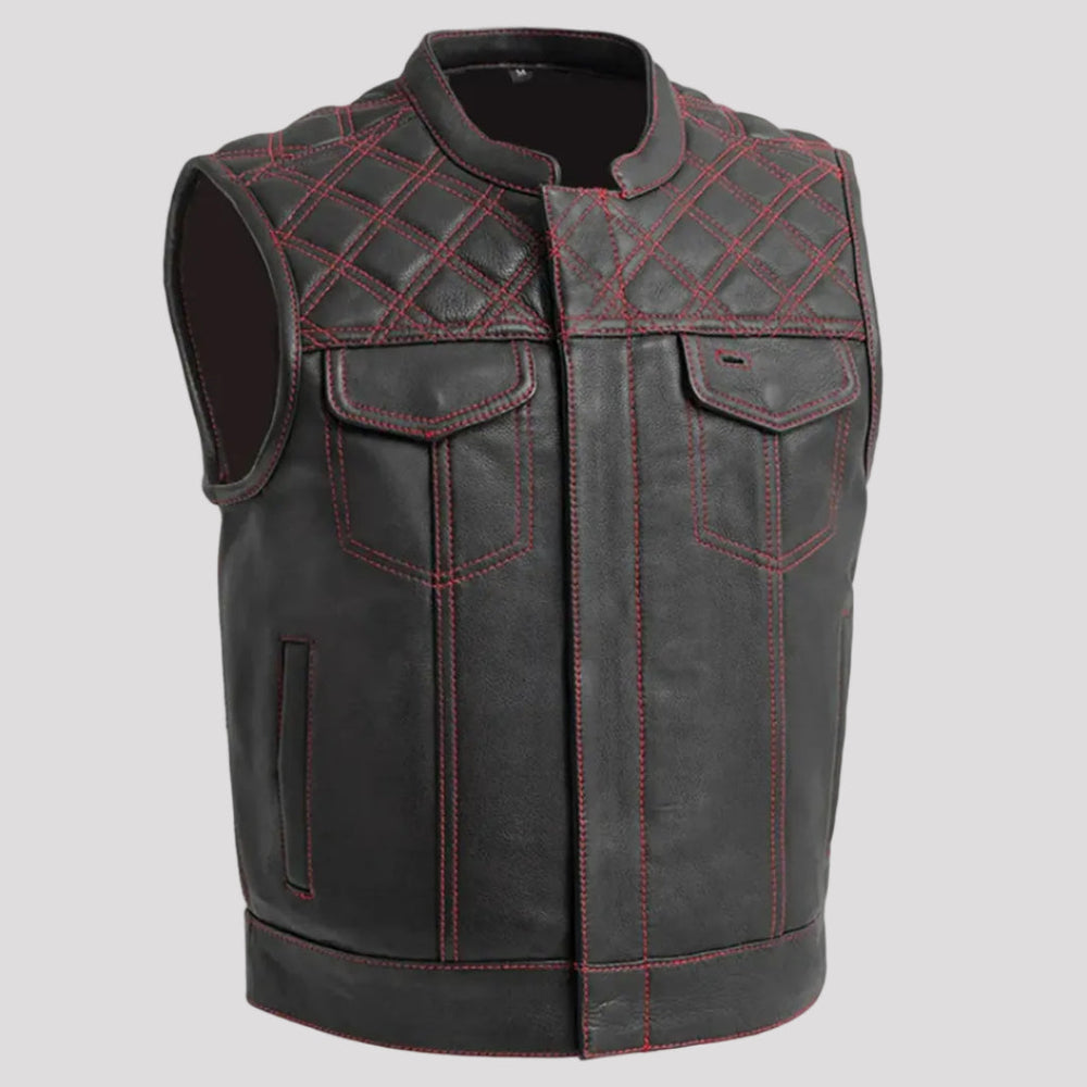 Gilet da uomo Open Road Upside in pelle con diamanti cuciti rossi 