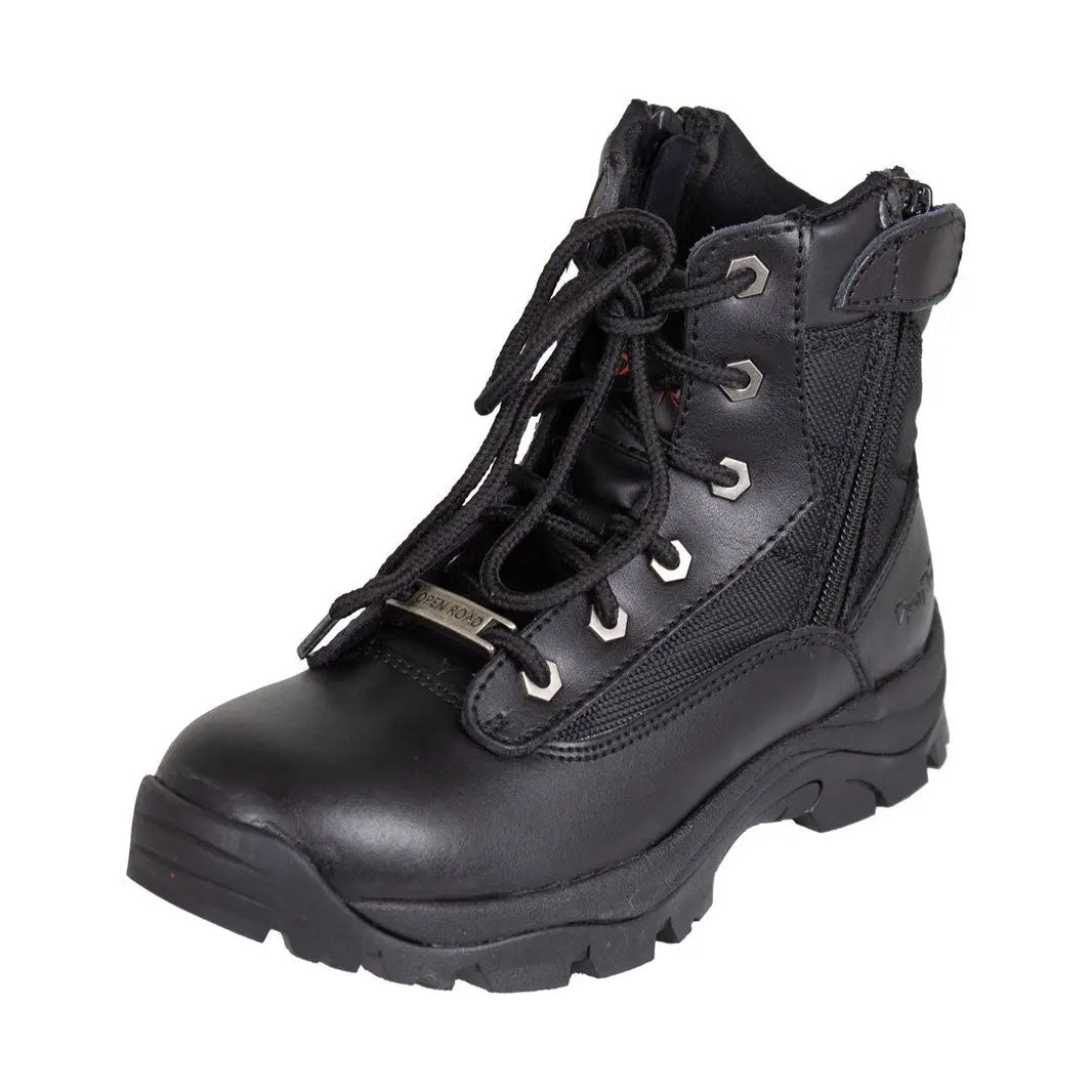 Open Road Women's Black Leather Tactical Lace-Up Boots with Side Zippers Entry EX-STOCK Canada 