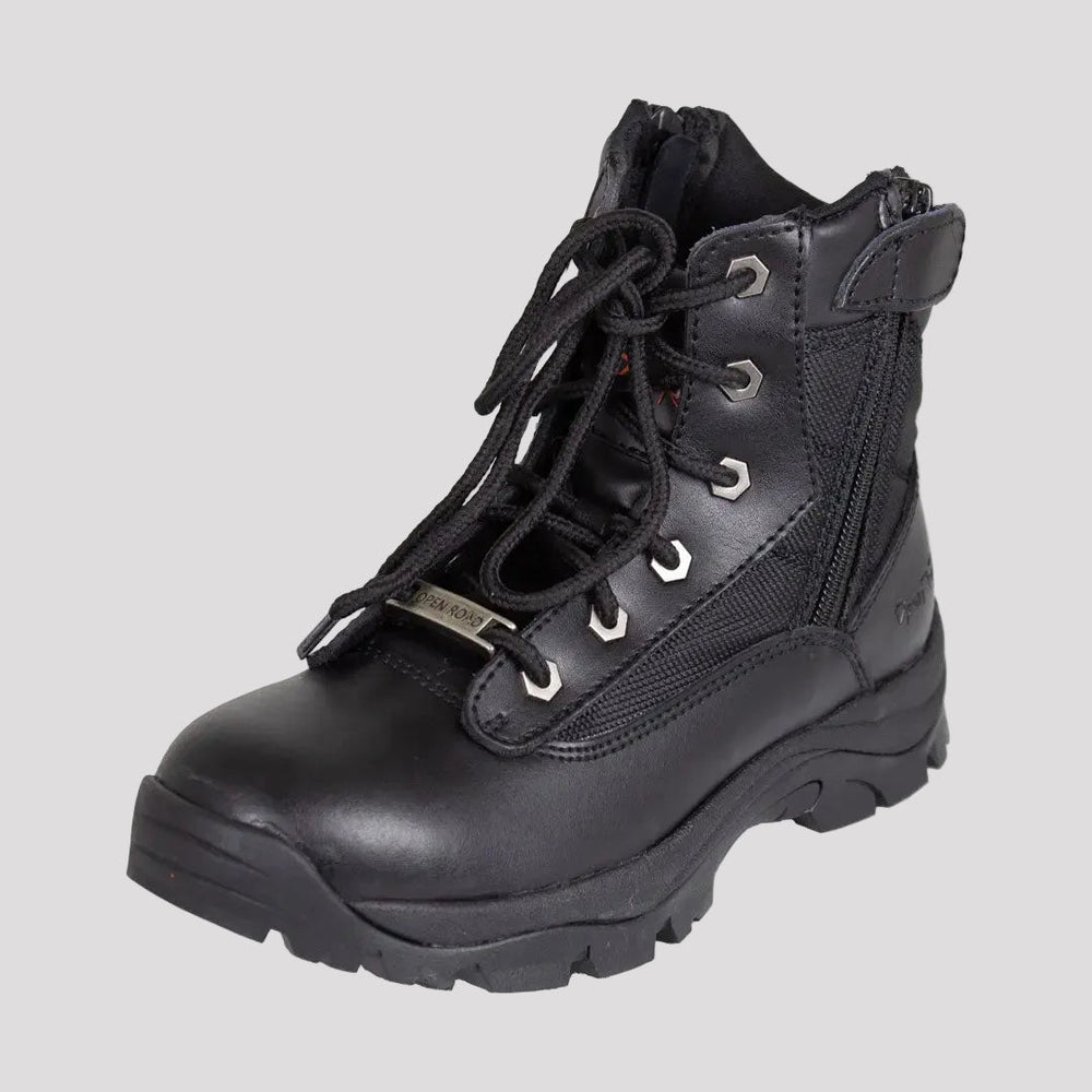 Open Road Women's Black Leather Tactical Lace-Up Boots with Side Zippers Entry 