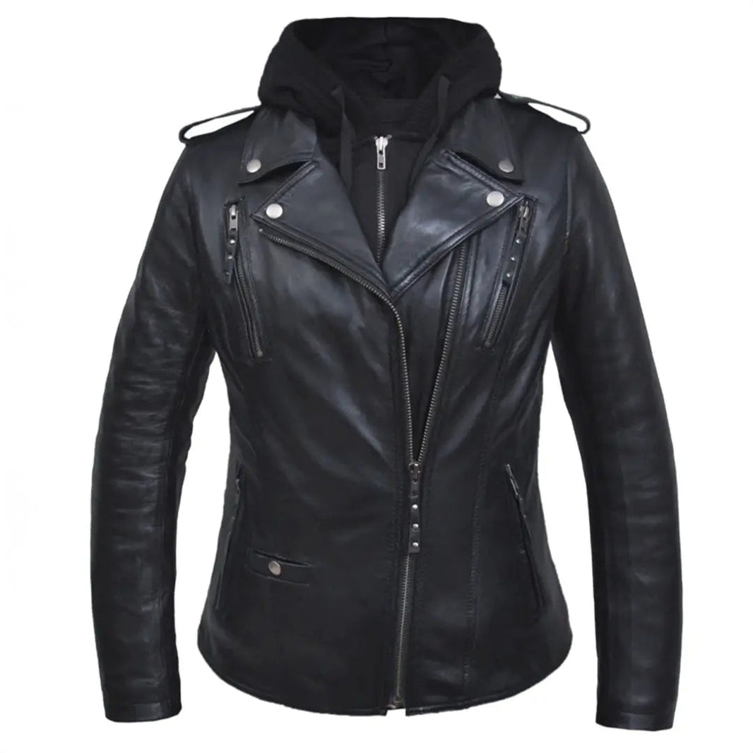 Open Road Women's Hooded Classic Leather Motorcycle Jacket EX-STOCK Canada 