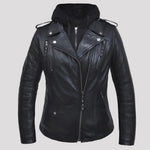 Open Road Women's Hooded Classic Leather Motorcycle Jacket 