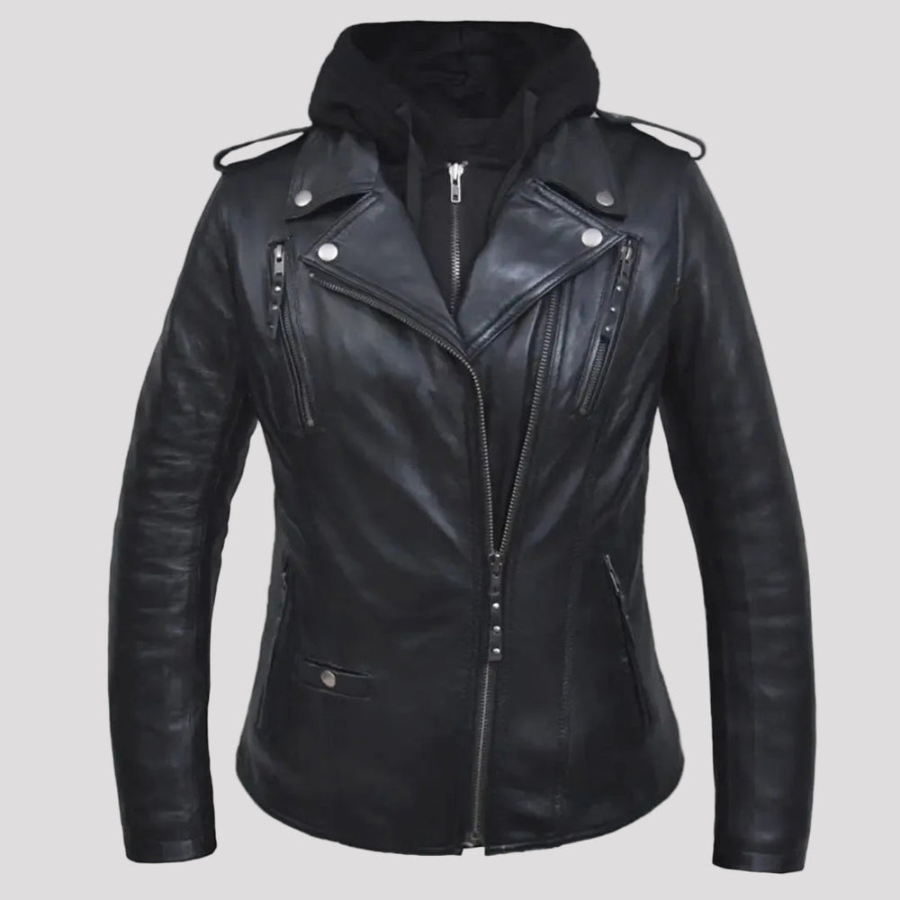 Open Road Women's Hooded Classic Leather Motorcycle Jacket 