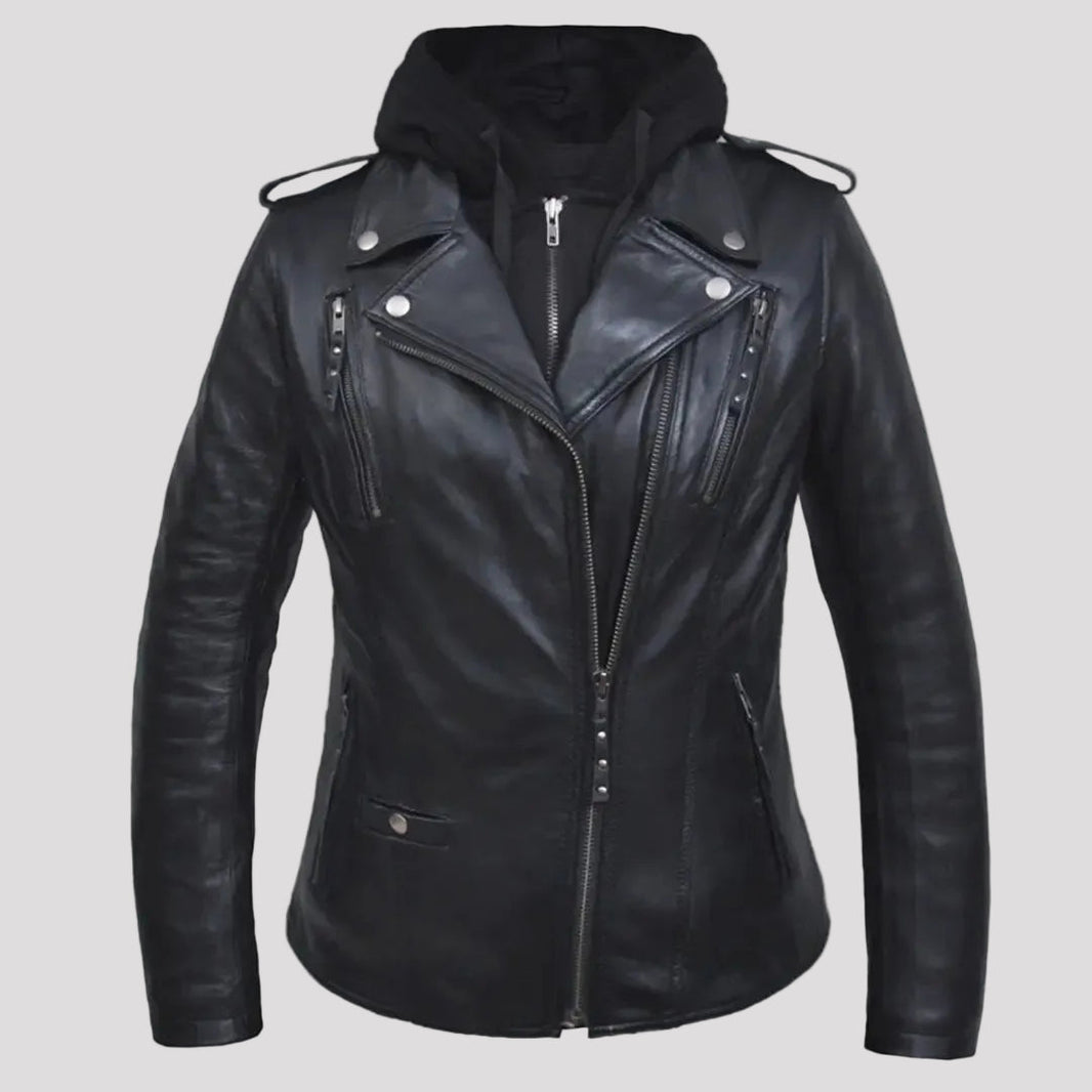Open Road Women's Hooded Classic Leather Motorcycle Jacket 