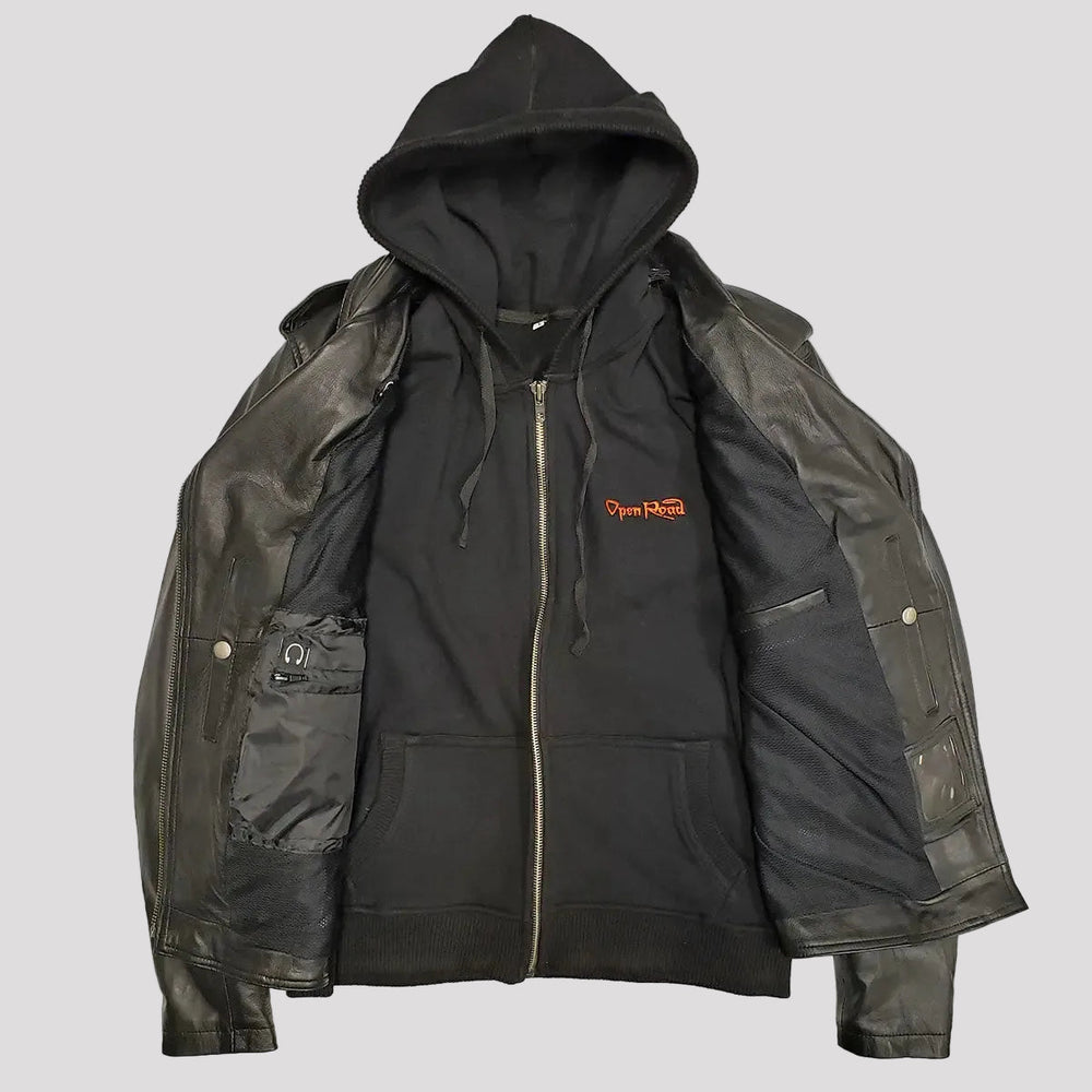 Open Road Women's Hooded Classic Leather Motorcycle Jacket 