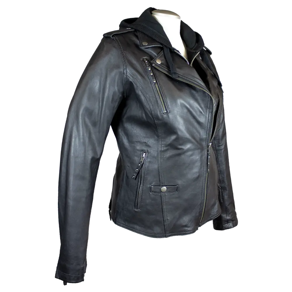 Open Road Women's Hooded Classic Leather Motorcycle Jacket EX-STOCK Canada 