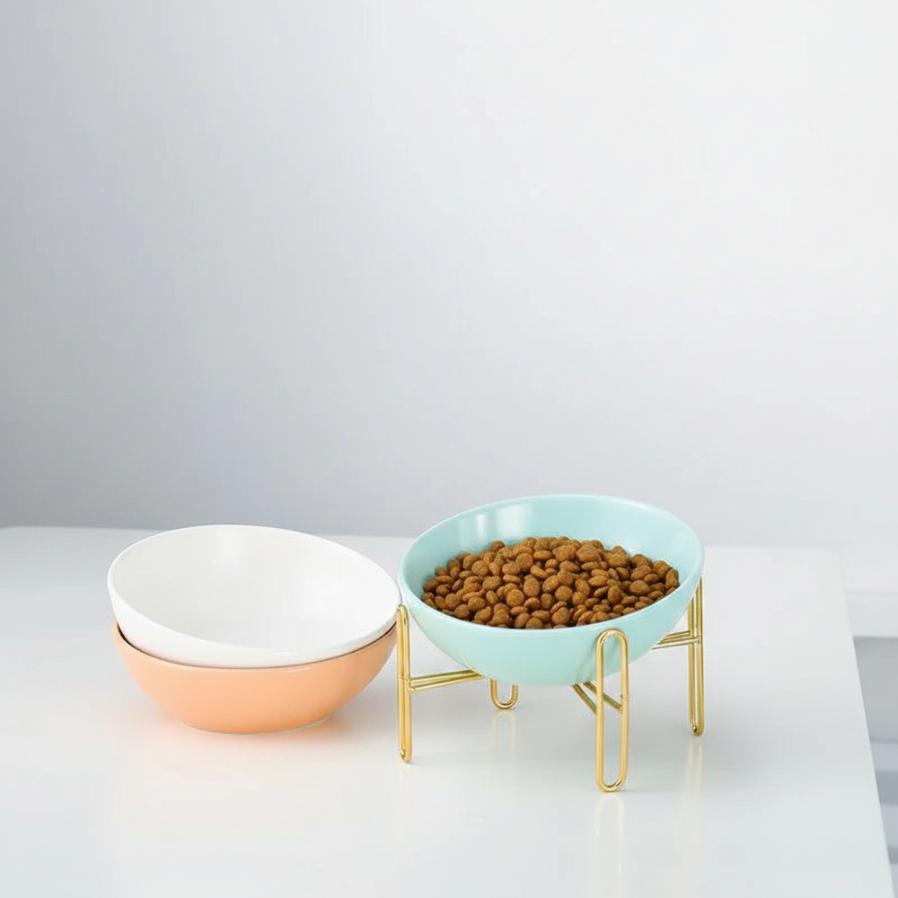 Elevated Pet Bowl with Shelf – Adjustable Cat & Dog Feeder (Blue, Orange, White | S/M) 