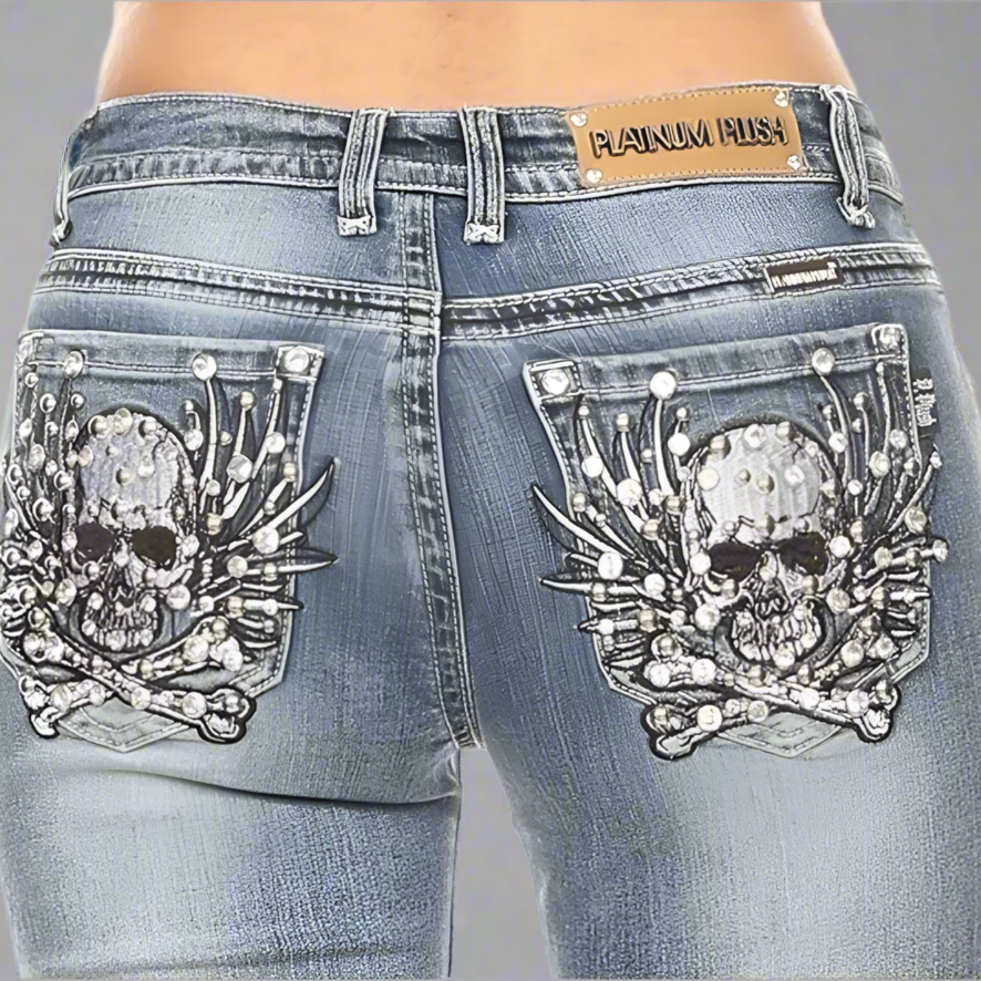 Platinum Plush Women's Rhinestone Skull & Bones Bootcut Jeans EX-STOCK Canada 