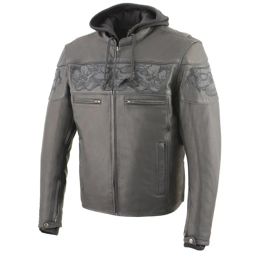 Veste de scooter croisée pour hommes Milwaukee Leather avec crânes réfléchissants et capuche amovible à manches longuesEX-STOCK Canada 