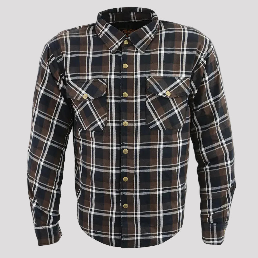 Milwaukee Leather Men's Brown Checkered Armored Flannel Biker Shirt with Reinforced Fibers 