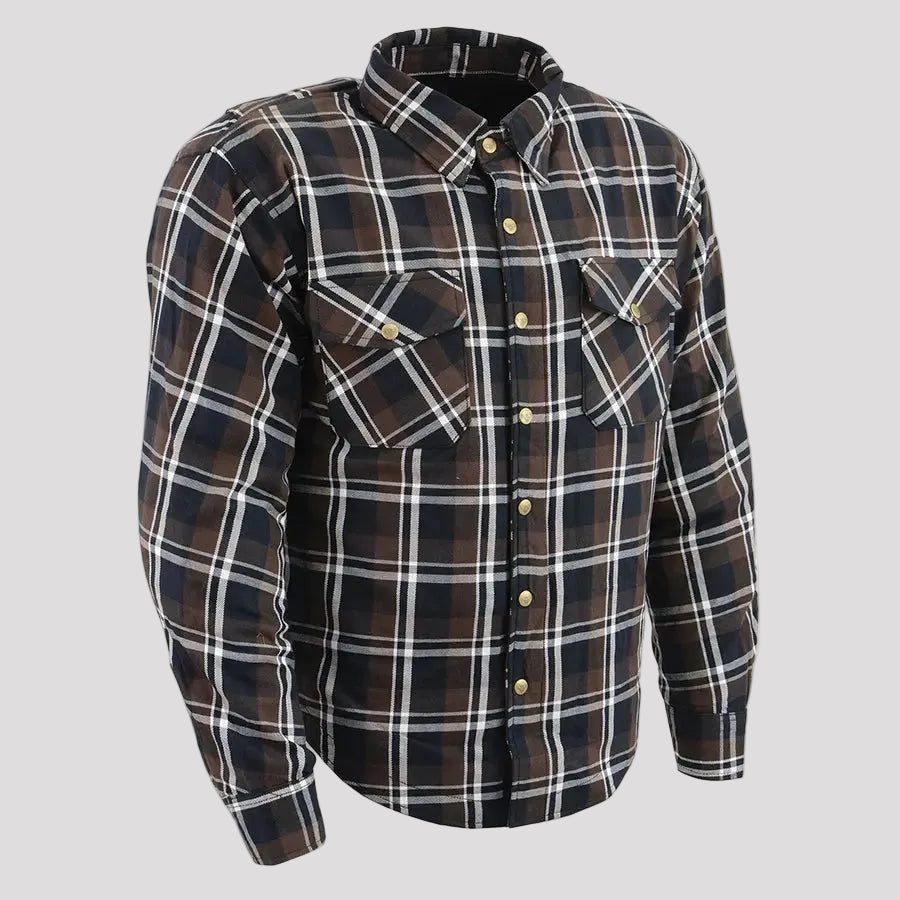 Milwaukee Leather Men's Brown Checkered Armored Flannel Biker Shirt with Reinforced Fibers 
