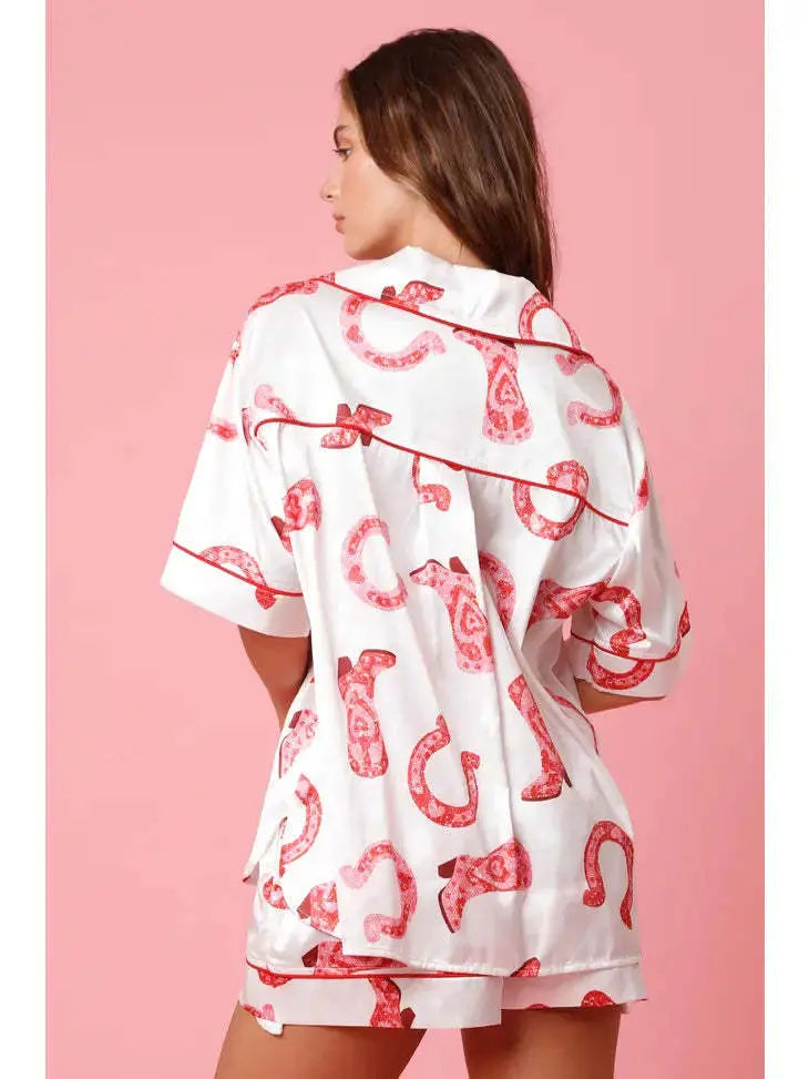 Satin Printed Two-piece Suit Pajamas For Women - EX-STOCK Canada