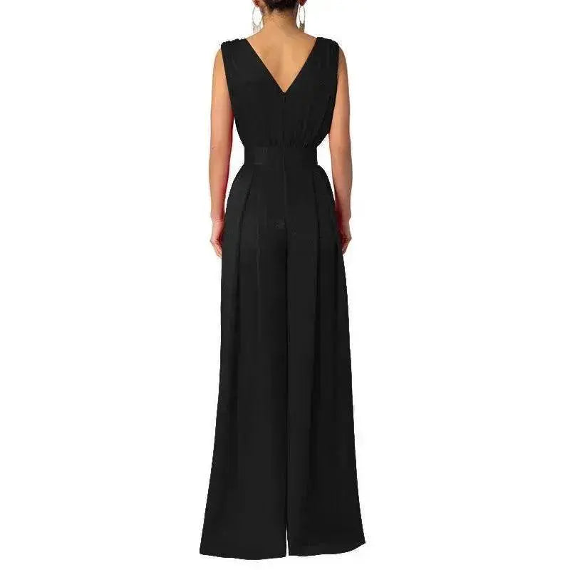 Solid Color And V-neck High Waist Wide Leg Jumpsuit - EX-STOCK Canada