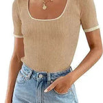 Square Collar Basic Short Sleeve Casual All-matching T-shirt Tops - EX-STOCK Canada