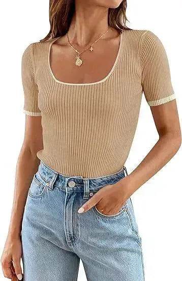 Square Collar Basic Short Sleeve Casual All-matching T-shirt Tops - EX-STOCK Canada