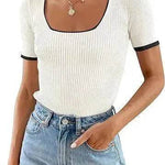 Square Collar Basic Short Sleeve Casual All-matching T-shirt Tops - EX-STOCK Canada