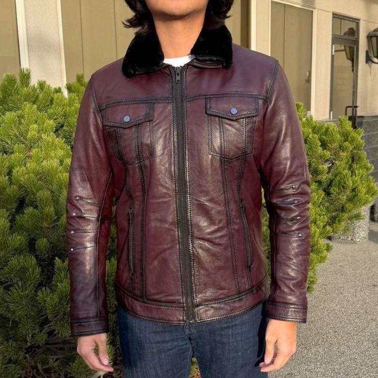 Men's Sheep Leather Jacket with Removable Fur Collar 