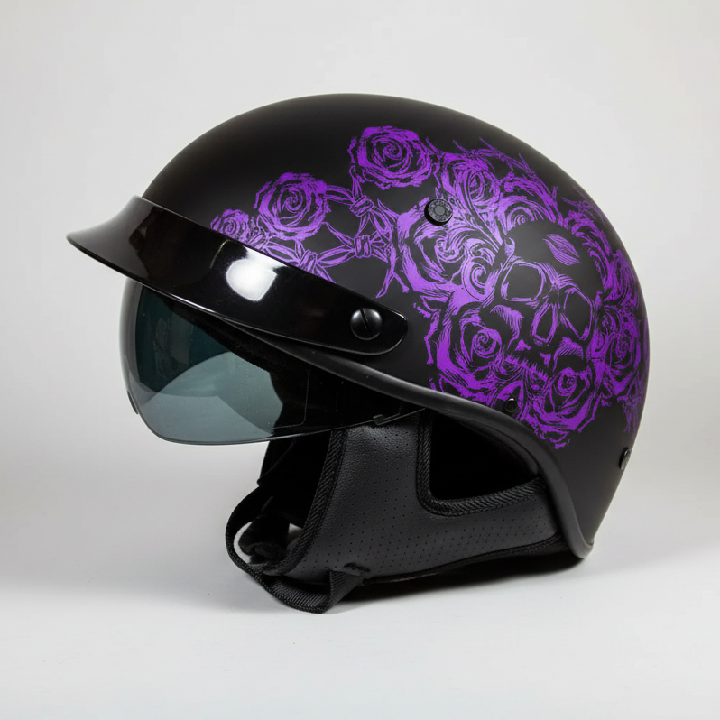 VOSS 707FRP Black Skull and Rose Half Helmet with Peak 