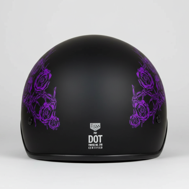 VOSS 707FRP Black Skull and Rose Half Helmet with Peak 