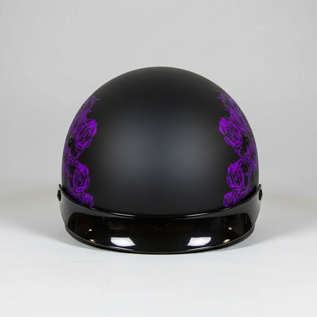 VOSS 707FRP Black Skull and Rose Half Helmet with Peak 