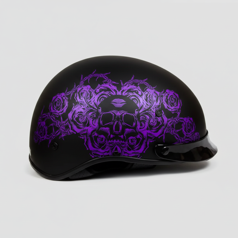 VOSS 707FRP Black Skull and Rose Half Helmet with Peak 