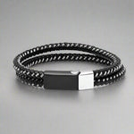 Men's Black Leather & Stainless Steel Wire Braided Bracelet EX-STOCK Canada 