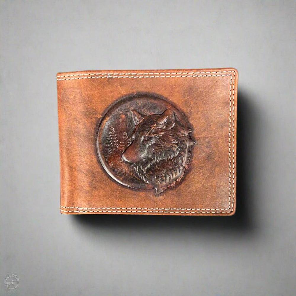 Men’s Cow Leather Wolf Embossed Bifold Wallet 