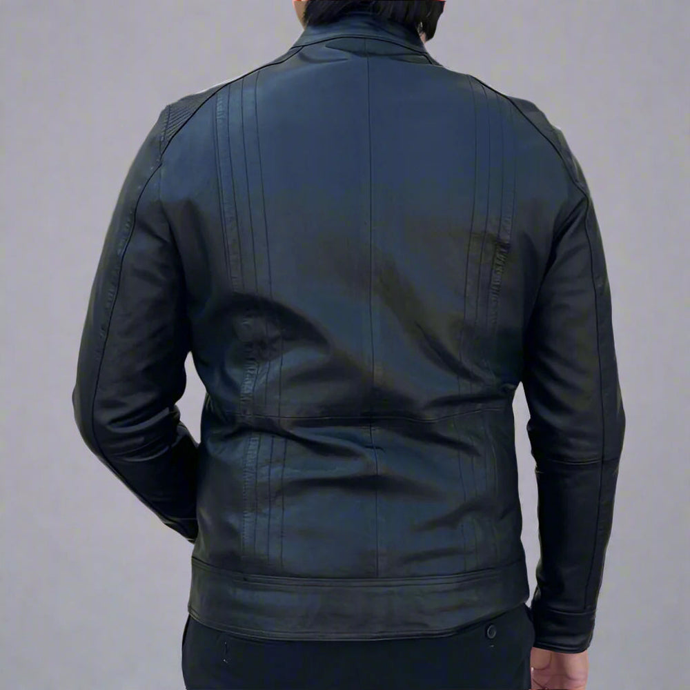 Men’s Sheep Leather Jacket. 4-Pocket, Stand Snap Collar & Silver Zippers EX-STOCK Canada 