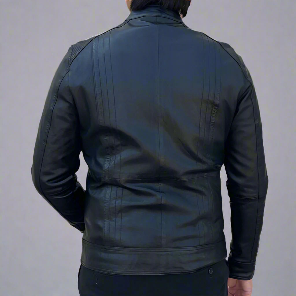 Men’s Sheep Leather Jacket. 4-Pocket, Stand Snap Collar & Silver Zippers EX-STOCK Canada 