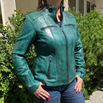 Women's Classic Lamb Leather Jacket. Round Collar with Studs, 4 Zippered Pockets & Shoulder Accent Stitching EX-STOCK Canada 