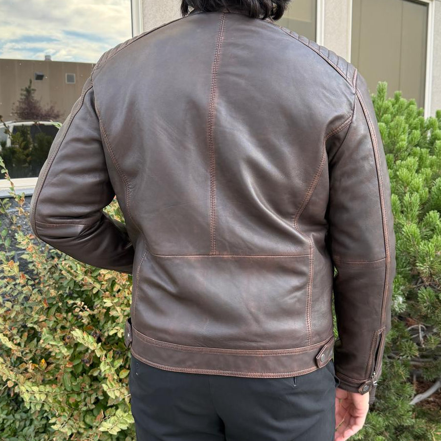 Men's Lamb Leather Jacket. Brown Vintage Style with Zip Pockets EX-STOCK Canada 