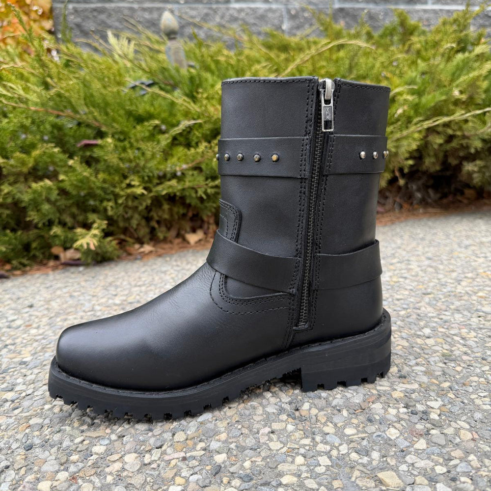 Stivali da Moto da Donna in Pelle. Pelle di Bovino Nera con Cinture Borchiate e Zip LateraleEX-STOCK Canada 