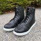 Men's Sneaker Biker Boots. Black Cowhide Leather with White Sole, Lace-Up & Side Zip EX-STOCK Canada 