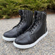 Men's Sneaker Biker Boots. Black Cowhide Leather with White Sole, Lace-Up & Side Zip EX-STOCK Canada 