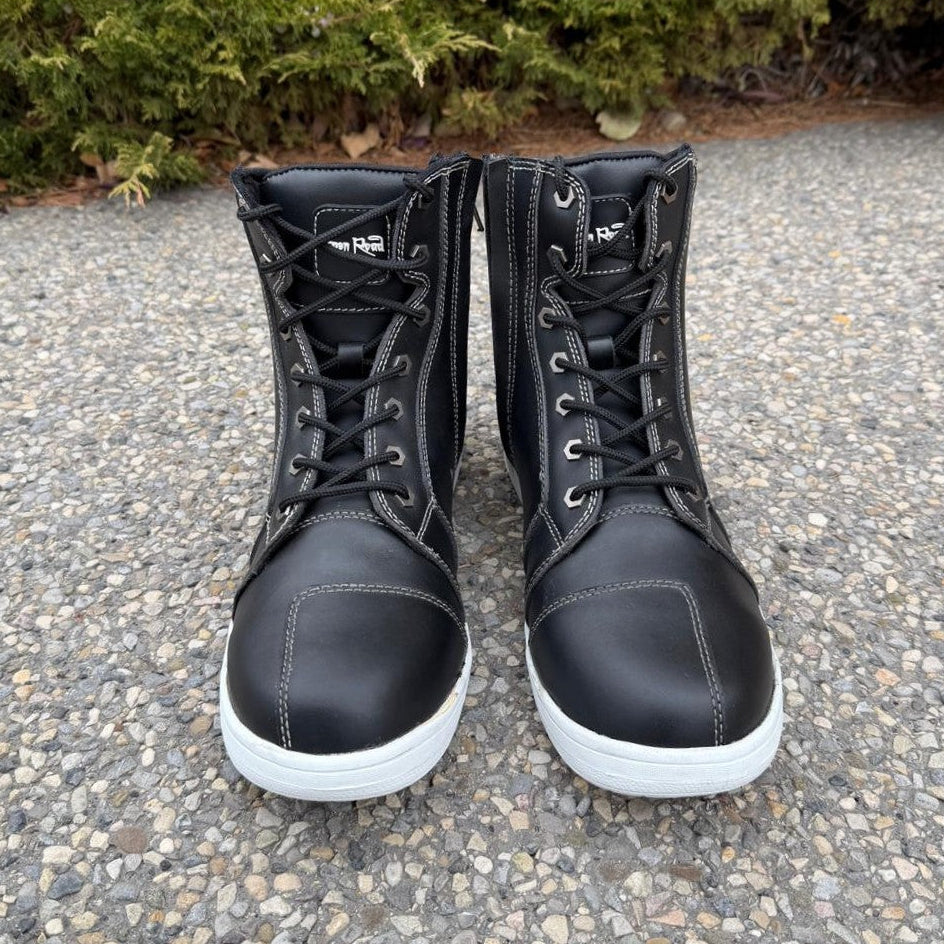 Men's Sneaker Biker Boots. Black Cowhide Leather with White Sole, Lace-Up & Side Zip EX-STOCK Canada 