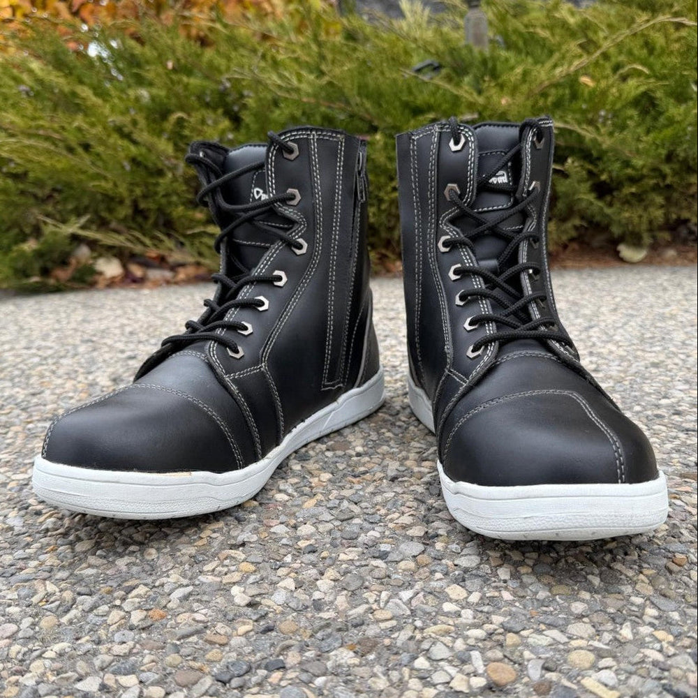 Men's Sneaker Biker Boots. Black Cowhide Leather with White Sole, Lace-Up & Side Zip EX-STOCK Canada 