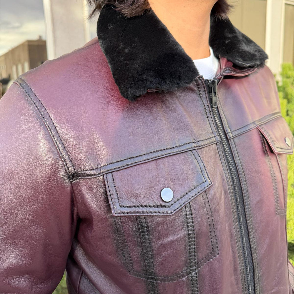 Men's Sheep Leather Jacket with Removable Fur Collar 