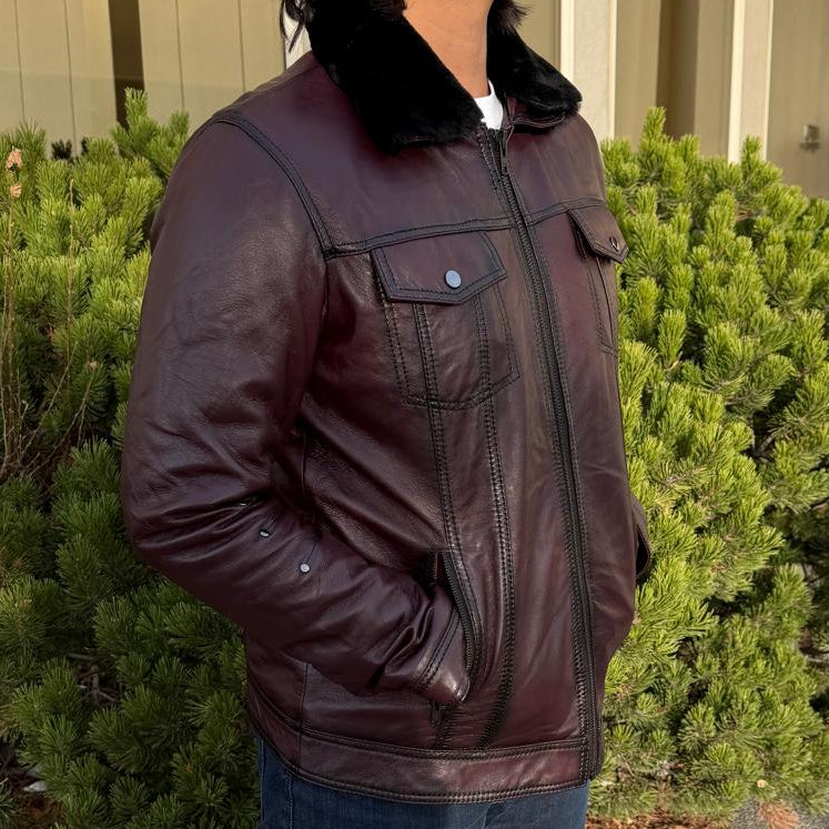 Men's Sheep Leather Jacket with Removable Fur Collar 