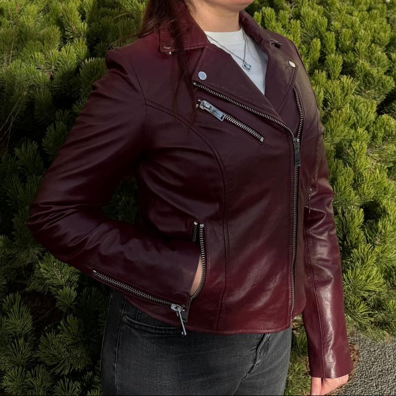 Blouson moto pour femmes en cuir d'agneau haut de gamme avec zips asymétriquesEX-STOCK Canada 