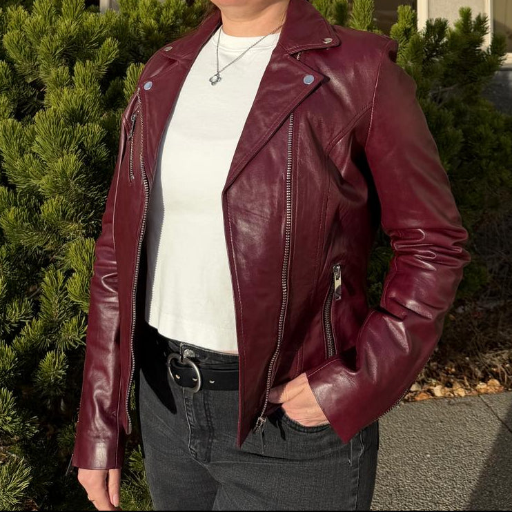 Blouson moto pour femmes en cuir d'agneau haut de gamme avec zips asymétriquesEX-STOCK Canada 