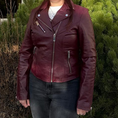 Blouson moto pour femmes en cuir d'agneau haut de gamme avec zips asymétriquesEX-STOCK Canada 