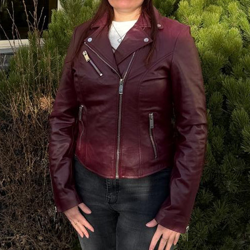 Blouson moto pour femmes en cuir d'agneau haut de gamme avec zips asymétriquesEX-STOCK Canada 