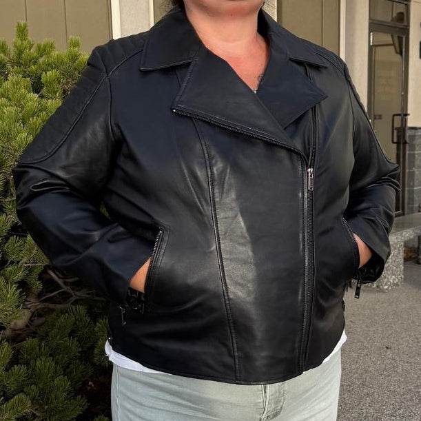 Women's Lamb Leather Biker Jacket with Quilted Ribbed Shoulders EX-STOCK Canada 