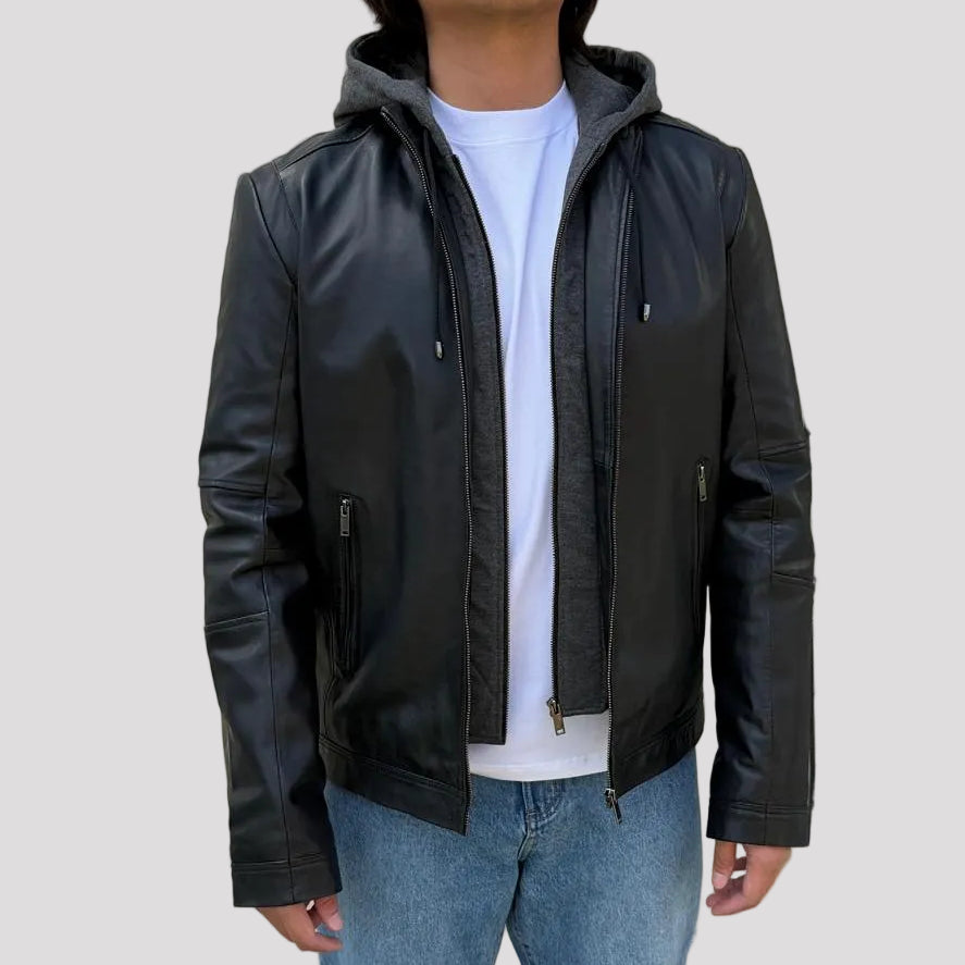 Giacca con Cappuccio da Uomo in Pelle di Agnello con Cappuccio Staccabile 