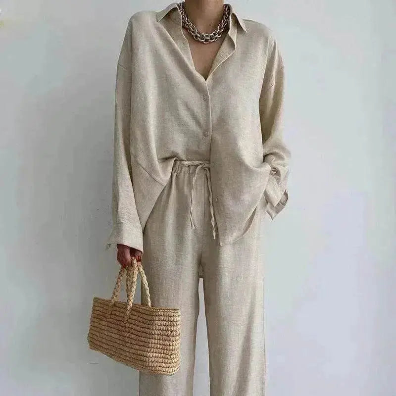 Women's 2 Piece Outfits Set Linen Button down shirt Blouse and straight Leg Pants Set - EX-STOCK Canada