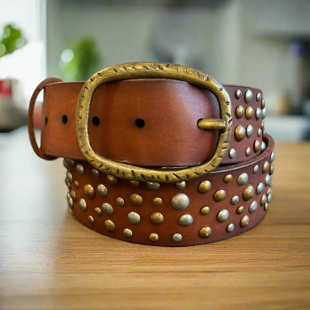 Women's Full Grain Leather Belt with Oval Buckle and Studs EX-STOCK Canada 