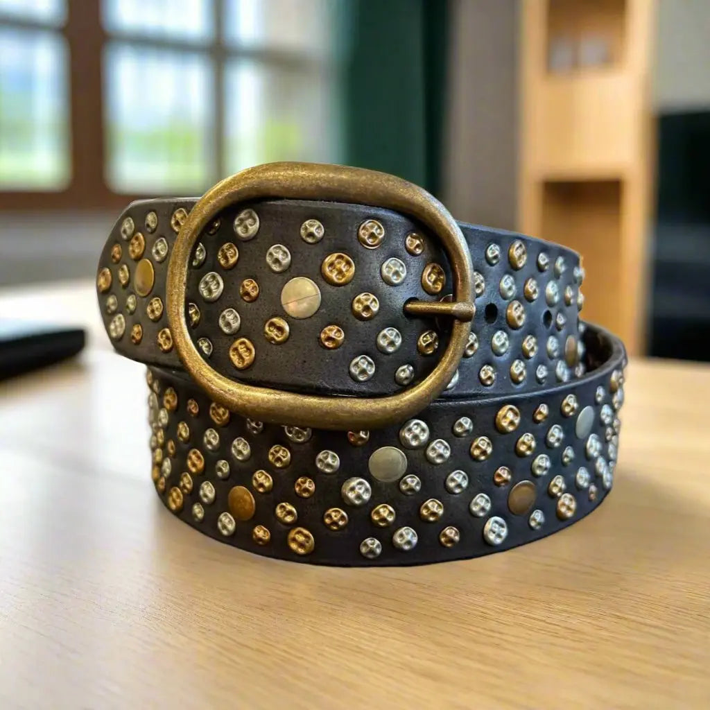 Women's Full Grain Leather Belt with Studs and Oval Buckle EX-STOCK Canada 
