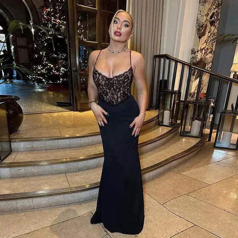 Women's Lace Jacquard Stitching Sheath Dress with V-Neck, Bare Chest and Suspenders Design - EX-STOCK Canada