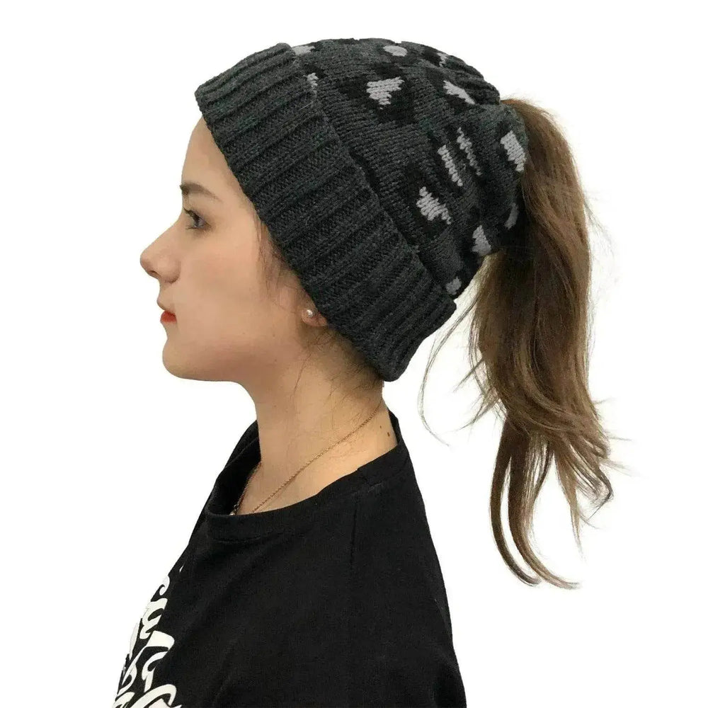 Women's Leopard Jacquard Ponytail Knitted Woolen Hat - EX-STOCK Canada