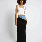 Fashion Black Panel Long Pencil Denim Skirt - EX-STOCK CANADA