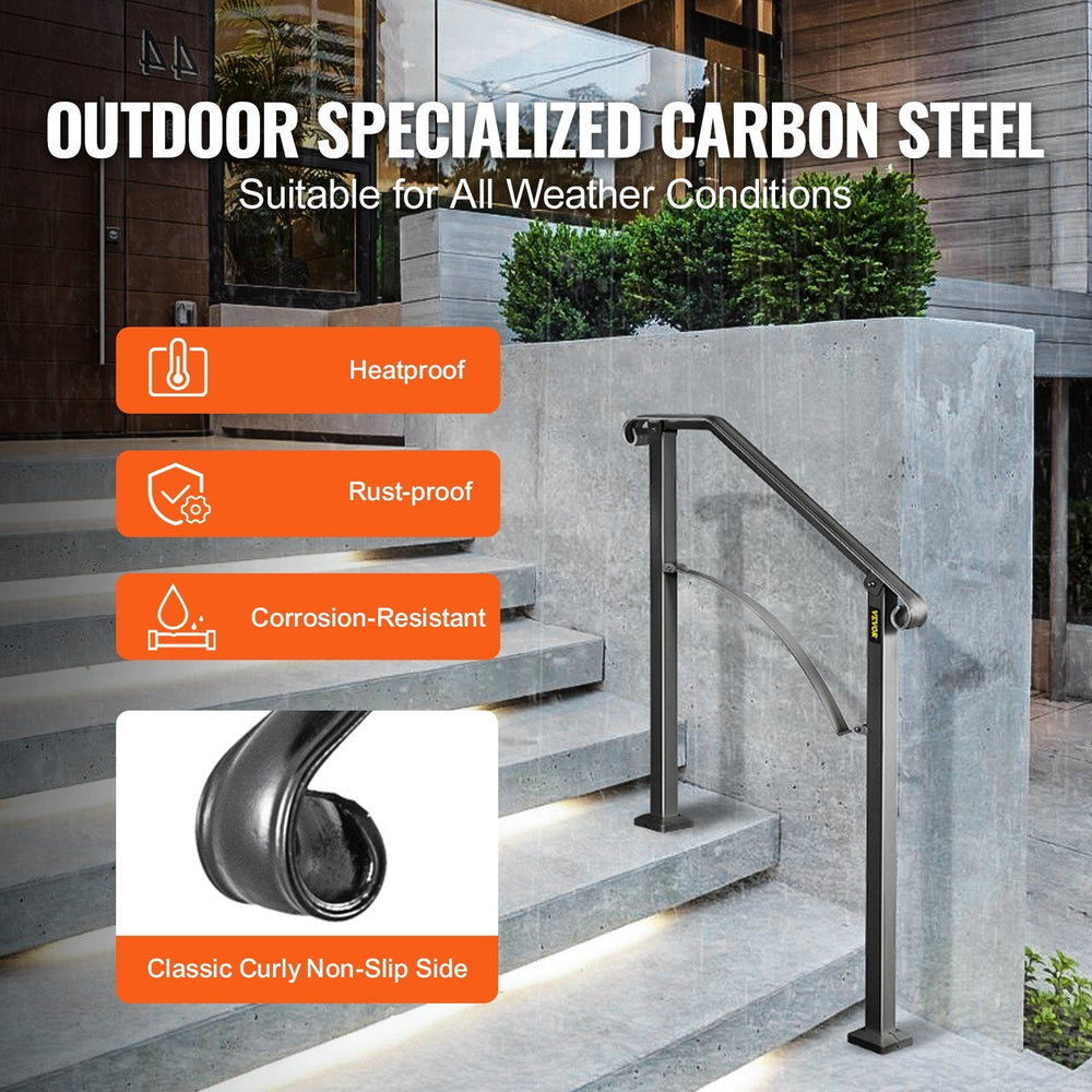 Handrails For Outdoor Steps, Fit 2 Or 3 Steps Outdoor Stair Railing, Arch 2 Wrought Iron Handrail, Flexible Porch Railing, Black Transitional Handrails For Concrete Steps Or Wooden Stairs EX-STOCK